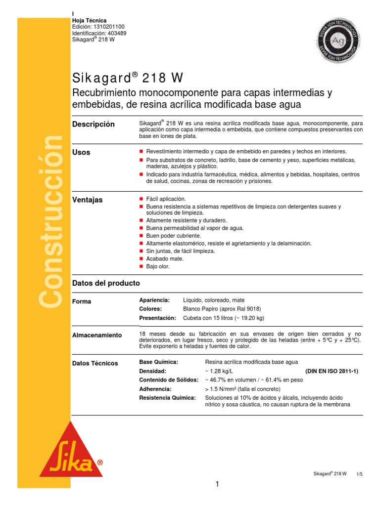 Sikagard 218 W | PDF | Hormigón | Agua