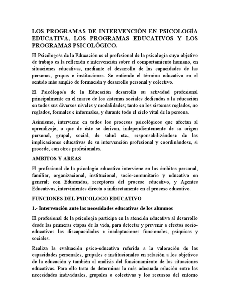 Los Programas de Intervención en Psicología Educativa, Los Programas ...