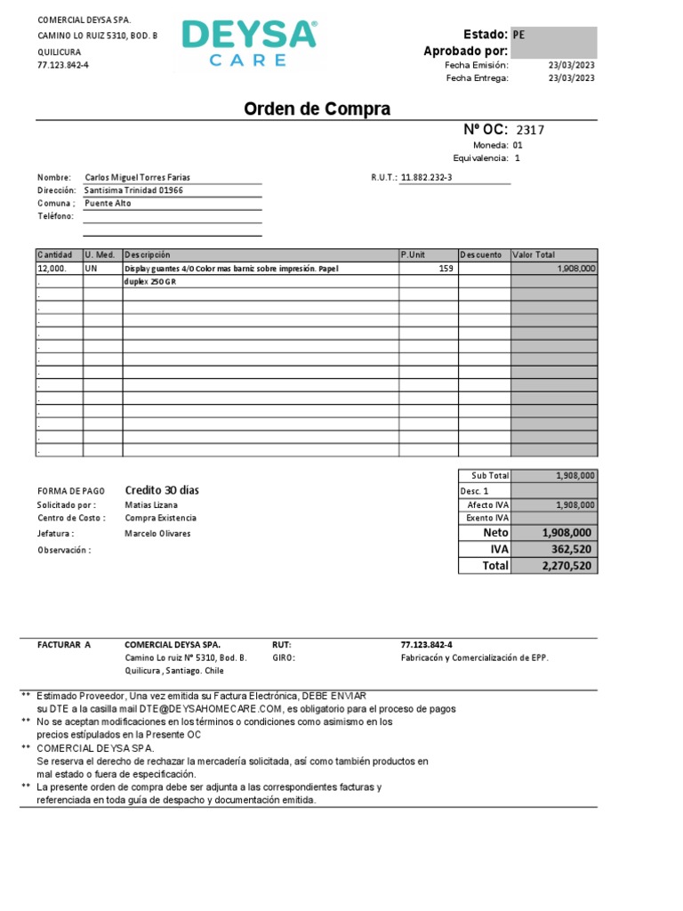 Orden de Compra Comercial DEYSA SPA | PDF | Dinero | Economias