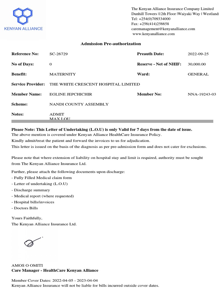 Kenyan Alliance Pre-Authorization Letter | PDF