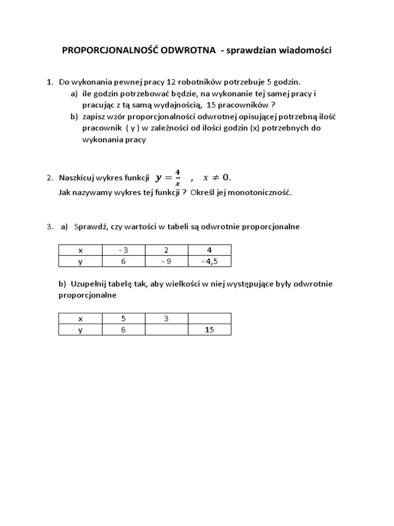 Proporcjonalność Prosta I Odwrotna Sprawdzian Gimnazjum PROPORCJONALNOŚĆ ODWROTNA - Sprawdzian Wiadomości | PDF