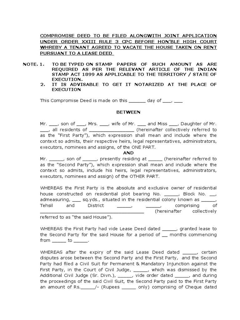 Vacate The House Taken On Rent Pursuant To A Lease Deed PDF Lease
