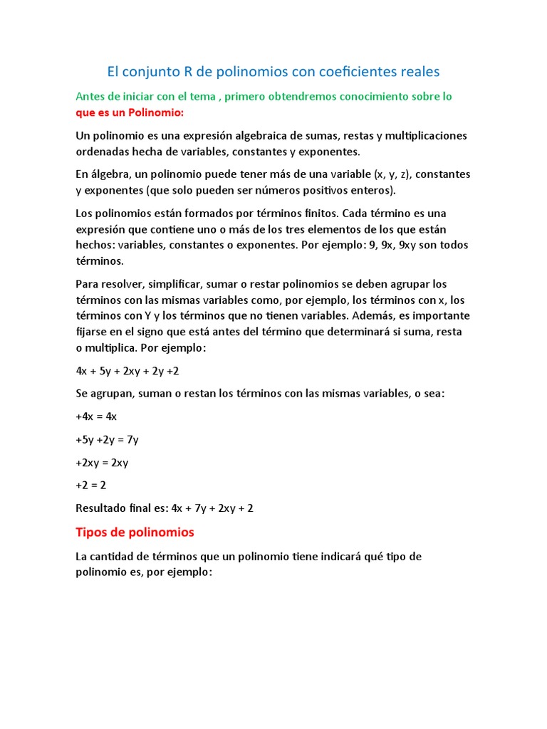 El Conjunto R de Polinomios Con Coeficientes Reales para Ti BB | PDF ...