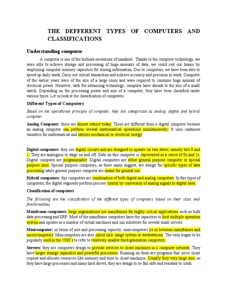 The Defferent Types of Computers and Classifications PDF Computer