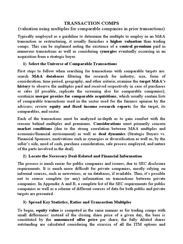Transaction Comps Analysis in M&A | PDF | Mergers And Acquisitions | Stocks