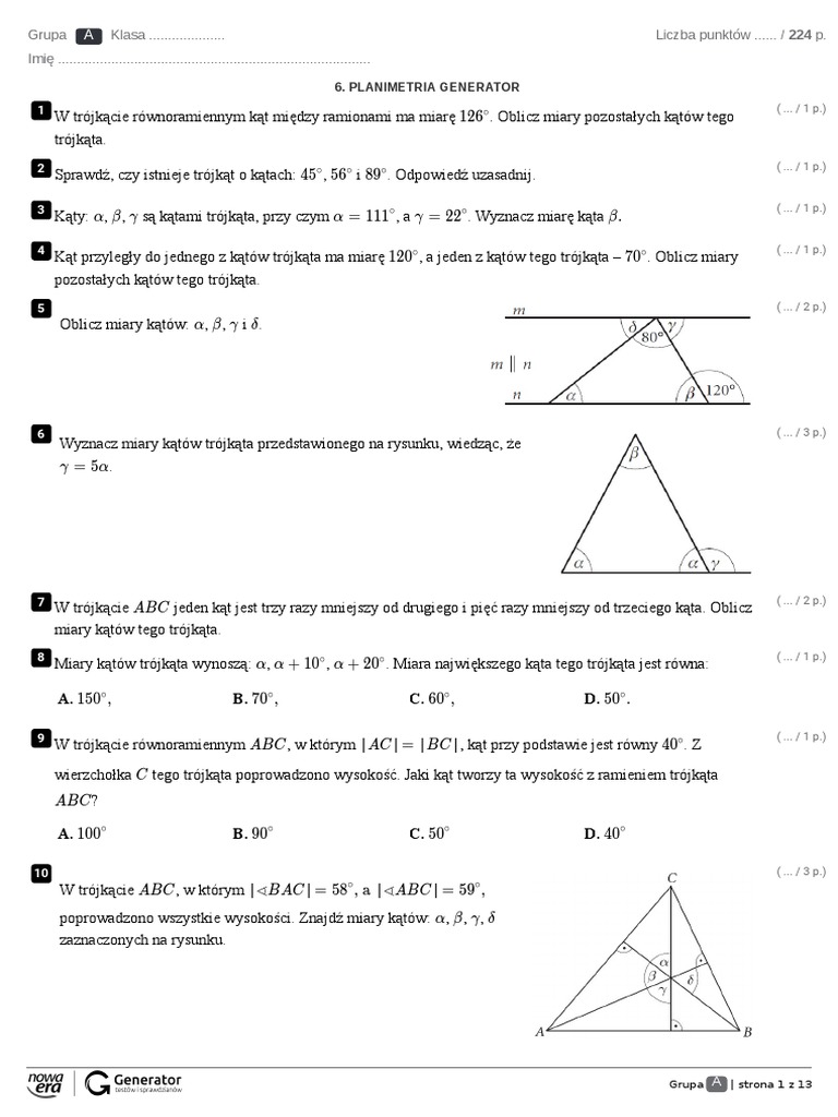Sprawdzian Z Matematyki Klasa 2 Technikum PLANIMETRIA GENERATOR Test Z Widoczna Punktacja | PDF