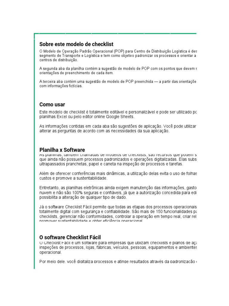 Modelo Checklist POP CD Logistica | PDF | Logística | Programas