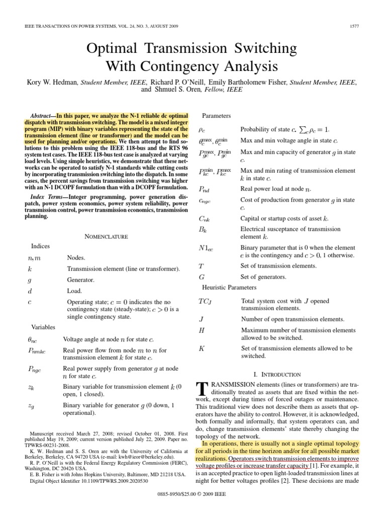 Optimal Transmission Switching With Contingency Analysis - Richard O ...
