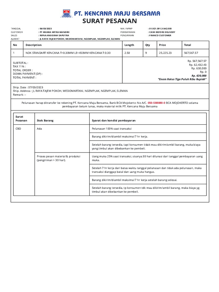 Surat Pesanan PT Muara Mitra Mandiri | PDF