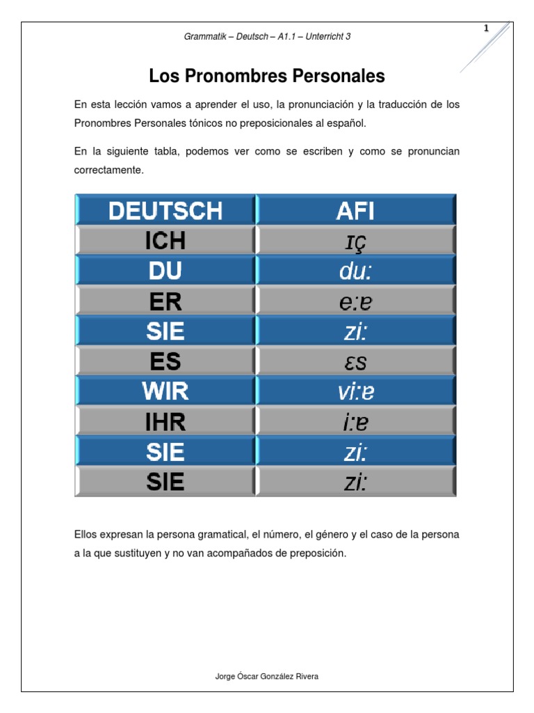 3 Clase de Alemán A1 1 Los Pronombres Personales PDF Numero Gramatical Género gramatical