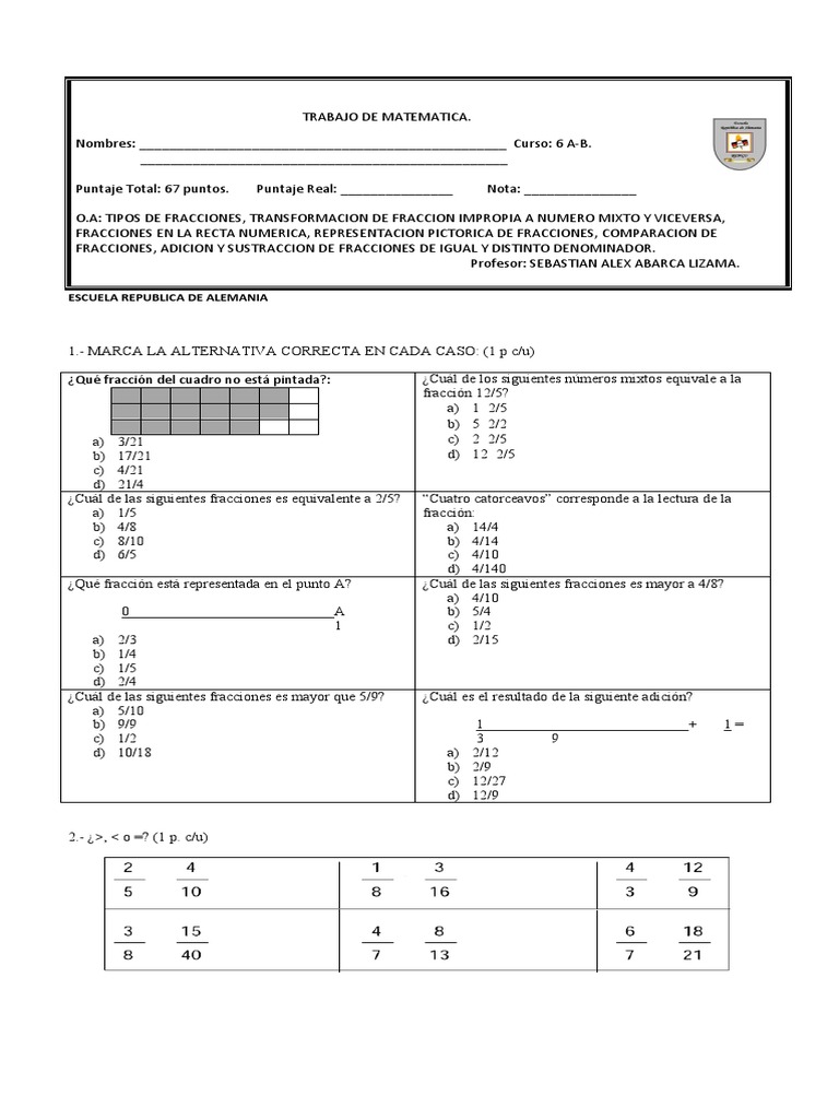 Ejercicios de Fracciones para 6° Básico | PDF | Conceptos matemáticos ...