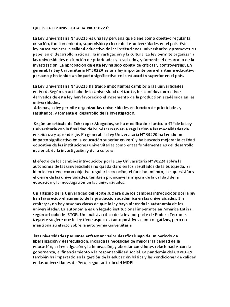 Que Es La Ley Universitaria Nro 30220 PDF Universidad Perú