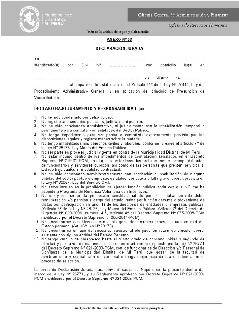 Modelo de Declaración Jurada para Ayuntamiento | PDF | Perú | Gobierno