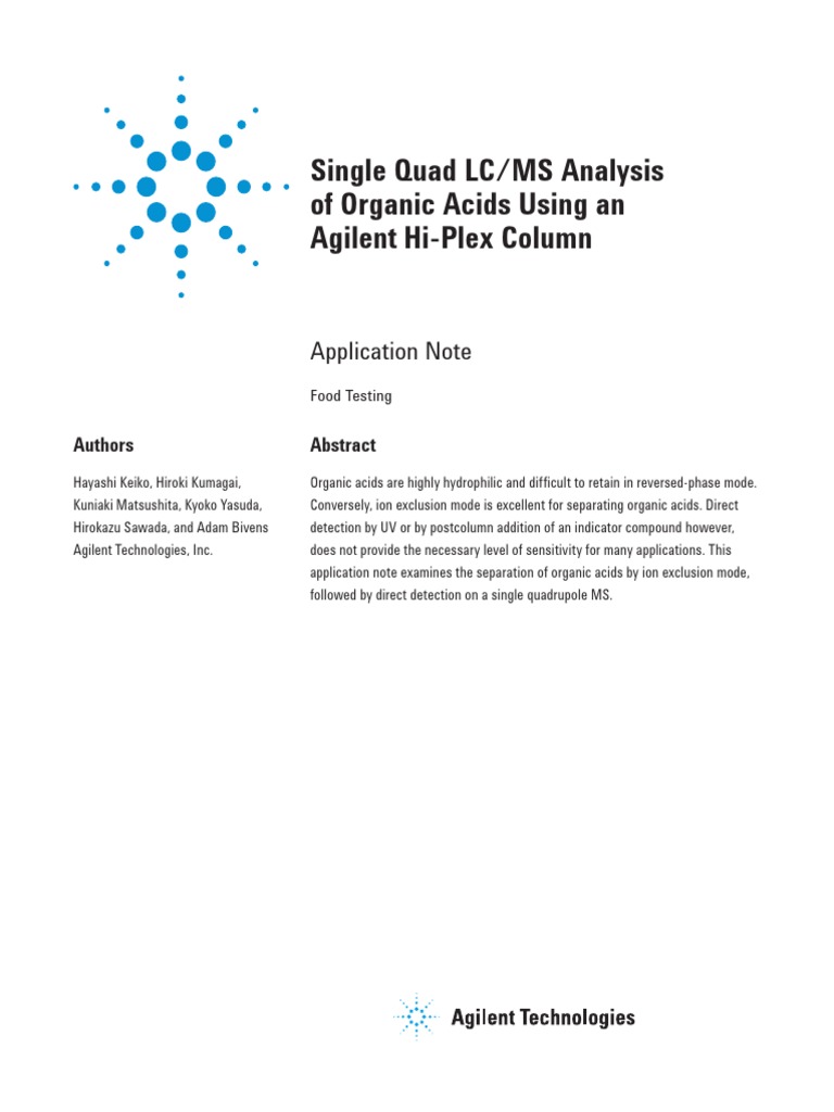 Single Quad LC/MS Analysis of Organic Acids Using An Agilent Hi Plex