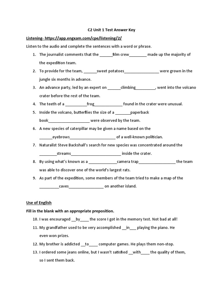 C2 Unit 1 Test Answer Key | PDF | Foreign Language Studies