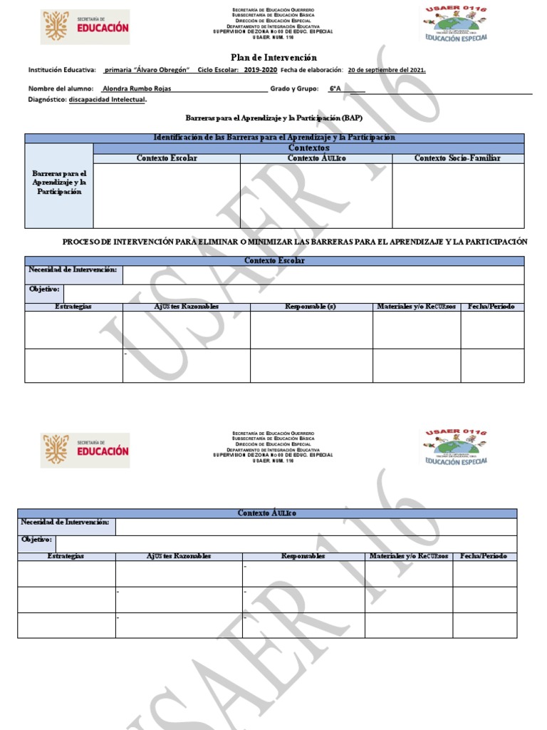 Plan de Intervención Educativa USAER | PDF | Educación especial ...