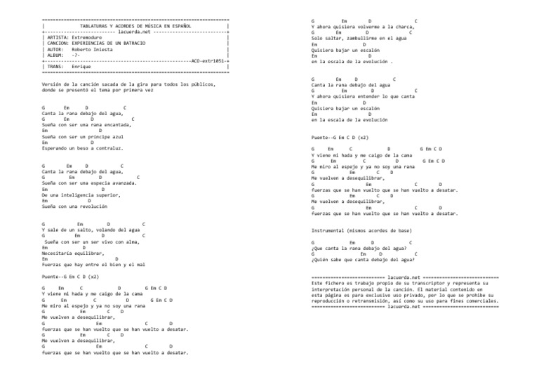 Experiencias de Un Batracio (Letra+Acordes) EXTREMODURO PDF Música