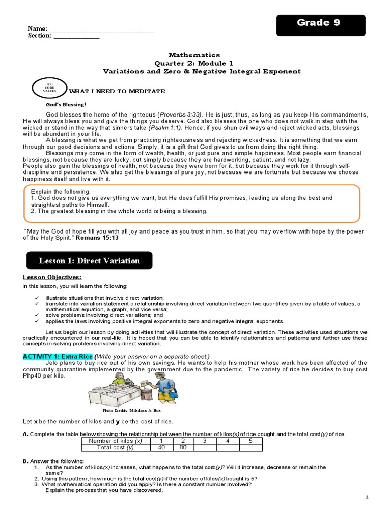 Mathematics Lesson Plan on Direct Variation and Zero & Negative ...