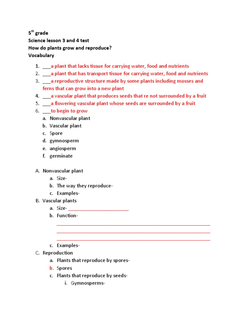5 Grade Science Lesson 3 and 4 Test How Do Plants Grow and Reproduce