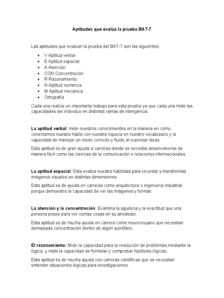 Aptitudes que evalúa la prueba BAT | PDF