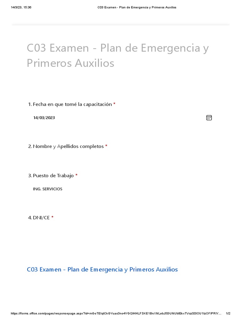 Examen sobre Plan de Emergencia y Primeros Auxilios | PDF | Negocios ...