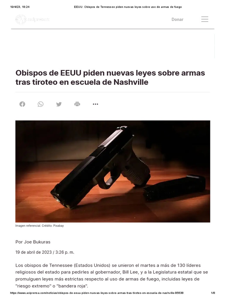 EEUU Obispos de Tennessee Piden Nuevas Leyes Sobre Uso de Armas de