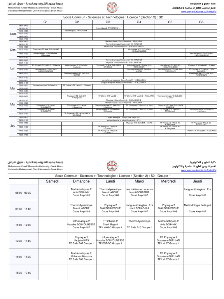 Emploi du temps Licence Sciences Tech | PDF | Sciences physiques ...