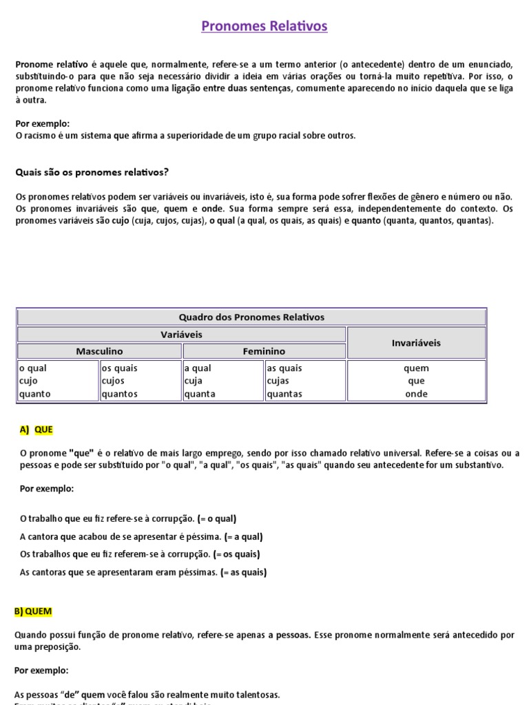 Emprego de pronomes relativos - Planos de aula - 8º ano - Língua