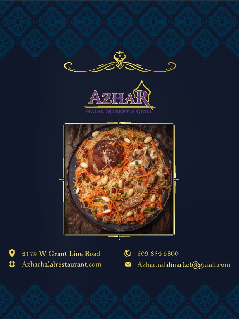 Menu from Azhar Halal Restaurant highlighting appetizers, kabobs