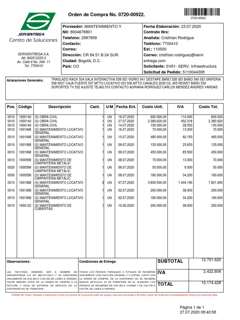 Orden de Compra de Mantenimiento y Obra Civil | PDF | Finanzas y dinero