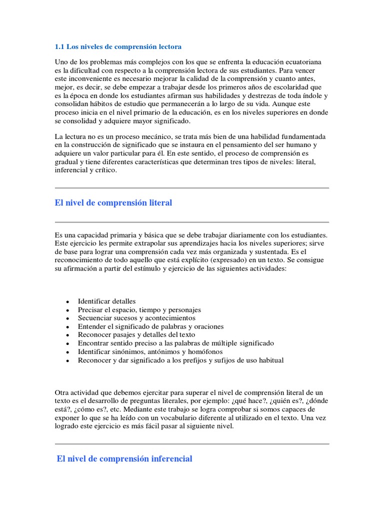 Niveles de Comprensión Lectora | PDF | Comprensión lectora | Comprensión
