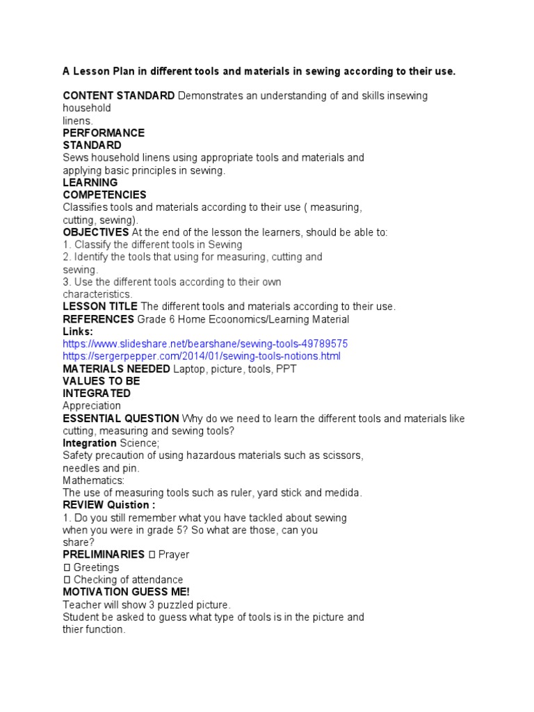Sewing Tools and Materials Lesson Plan | PDF | Sewing | Clothing