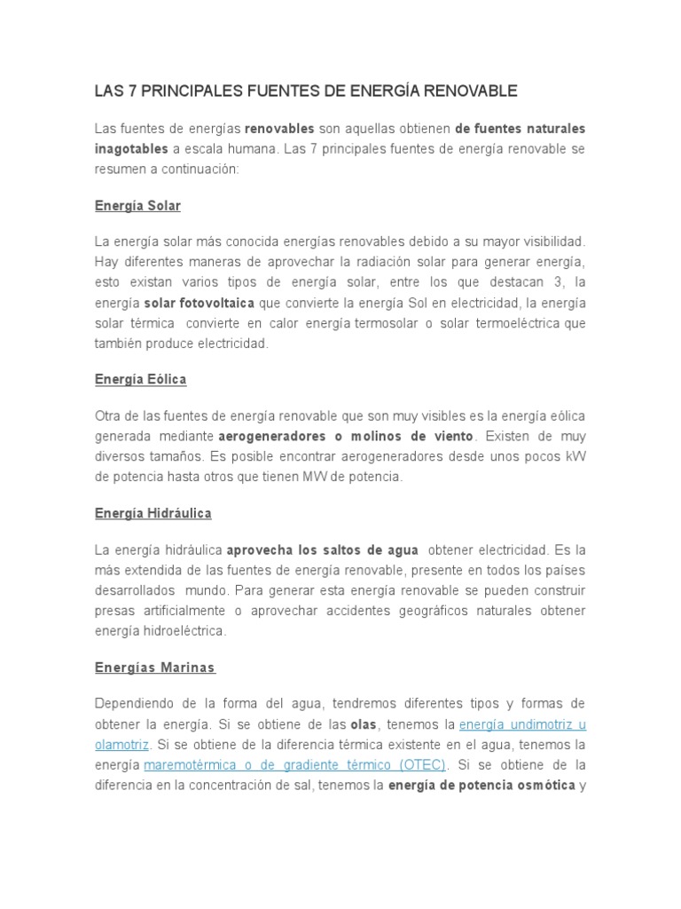 Siete Fuentes de Energía Renovable | PDF | Energía renovable | Recursos ...