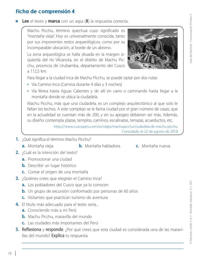 Ficha de Comprensión 4 | PDF | Machu Picchu