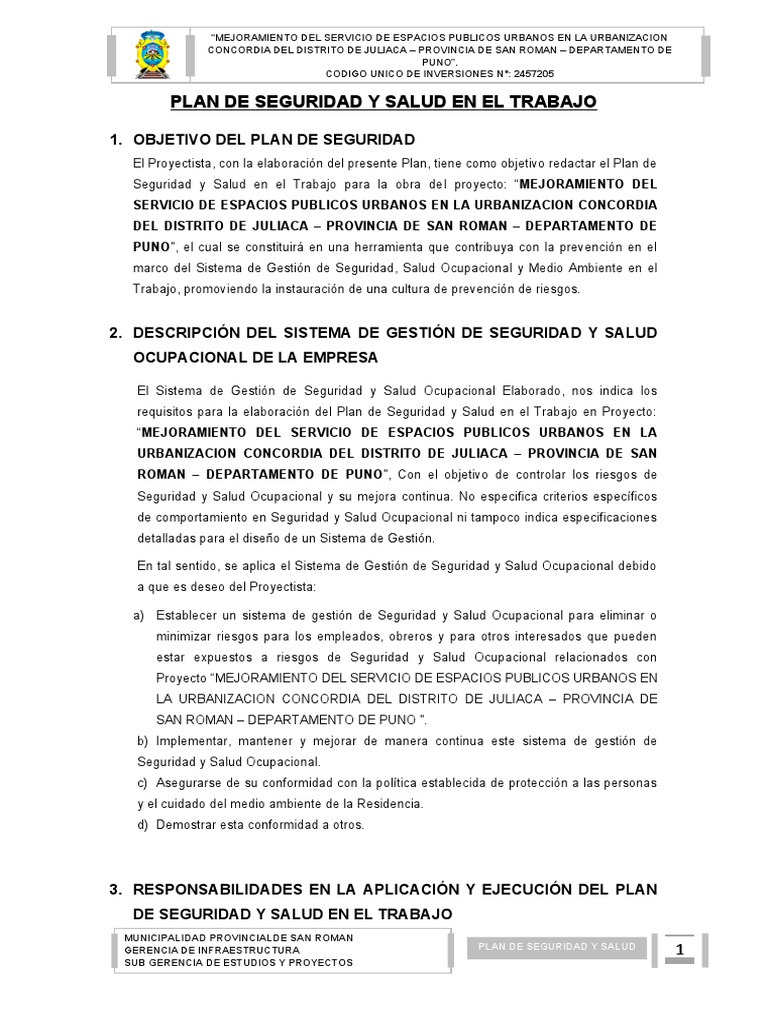Plan de Seguridad y Salud en Juliaca | PDF | Seguridad y salud ...