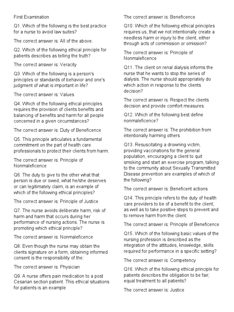 Bioethics Exam: Key Concepts and Principles | PDF | Morality | Nursing