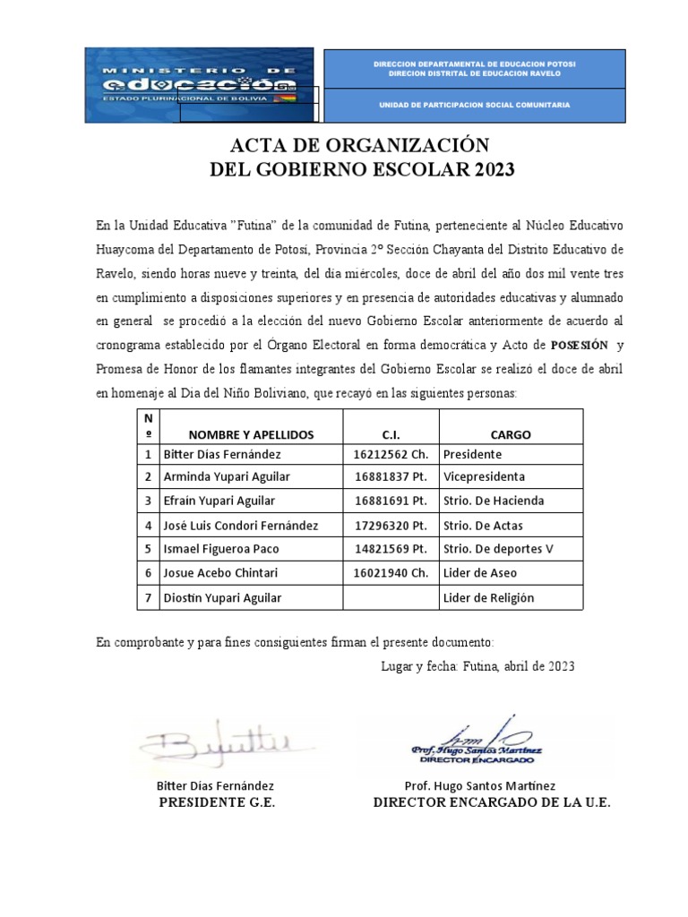 Acta de Organización Gobierno Escolar 2023 | PDF