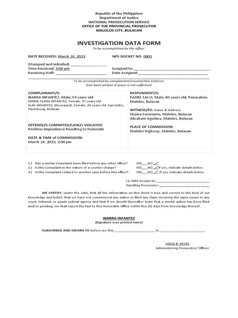 Investigation Data Form Regarding a Reckless Imprudence Resulting in