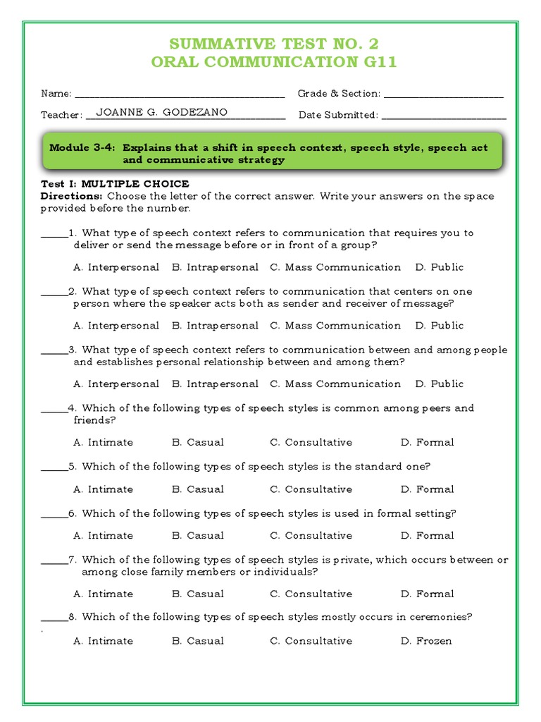 Summative Test No. 2 Oral Communication G11 PDF Communication