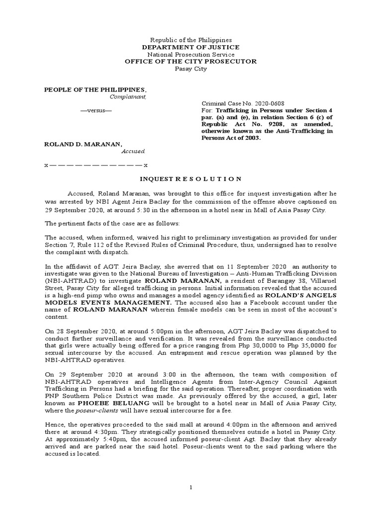 Inquest Resolution: Trafficking Case Against Maranan | PDF | Arrest ...