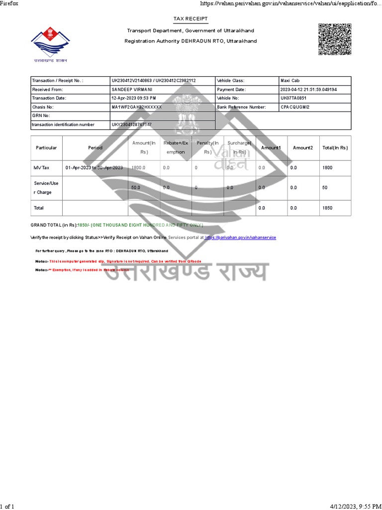 Tax Receipt Transport Department, Government of Uttarakhand