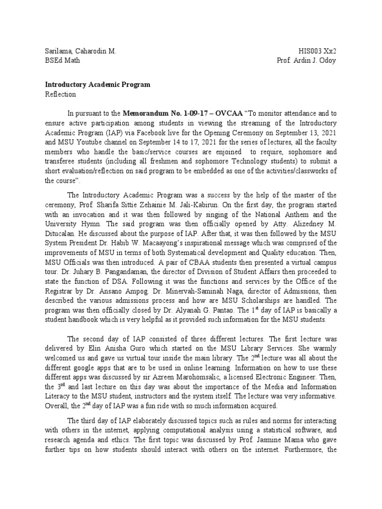 MSU Introductory Academic Program Reflection | PDF | Communication ...