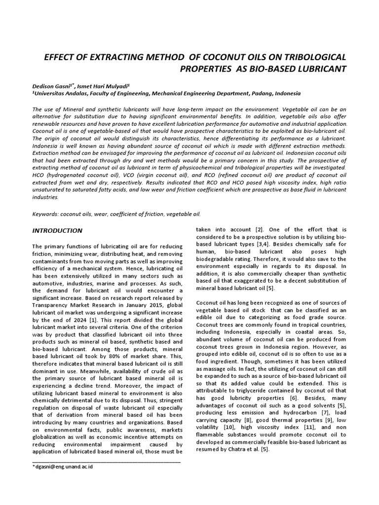 Effect of Extracting Method of Coconut Oils On Tribological Properties