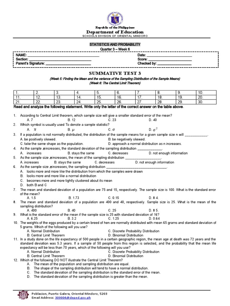 Week 5 Summative Test: Central Limit Theorem | PDF | Standard Deviation ...