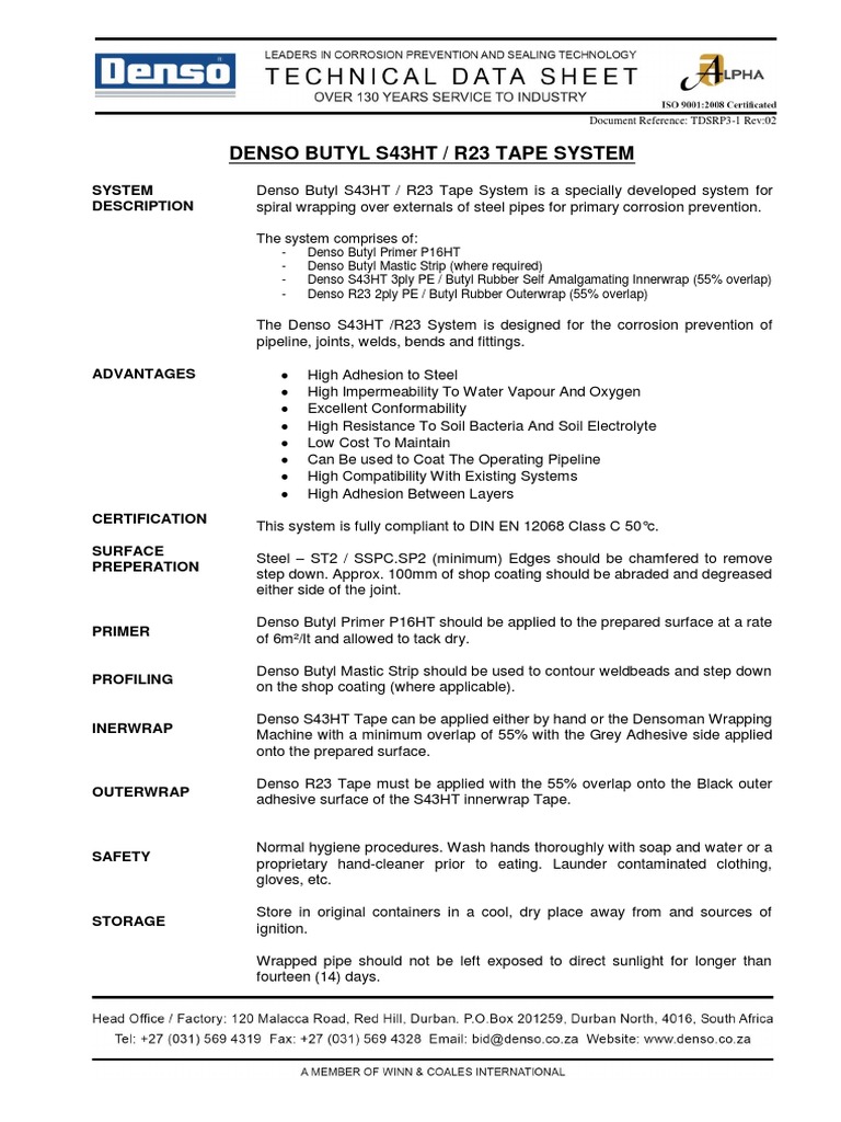 Denso Butyl S43HT/R23 Tape System Guide | PDF | Corrosion | Pipe (Fluid ...