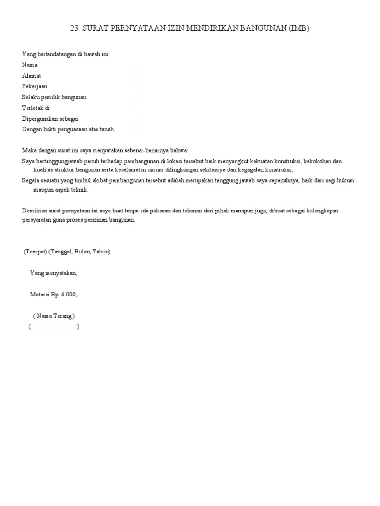 23. SURAT PERNYATAAN IZIN MENDIRIKAN BANGUNAN (IMB) | PDF