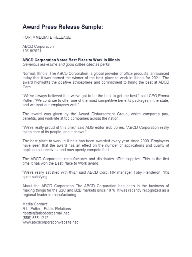 Award Press Release Sample PDF