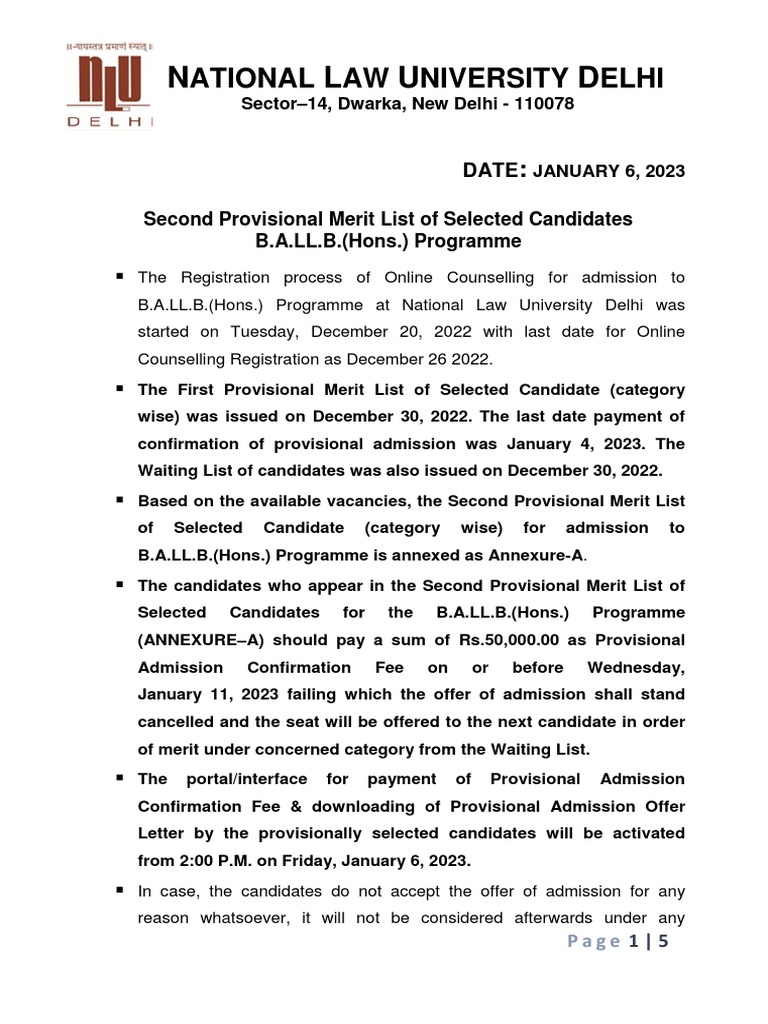 NLU Delhi B.A.LL.B. 2nd Merit List 2023 | PDF