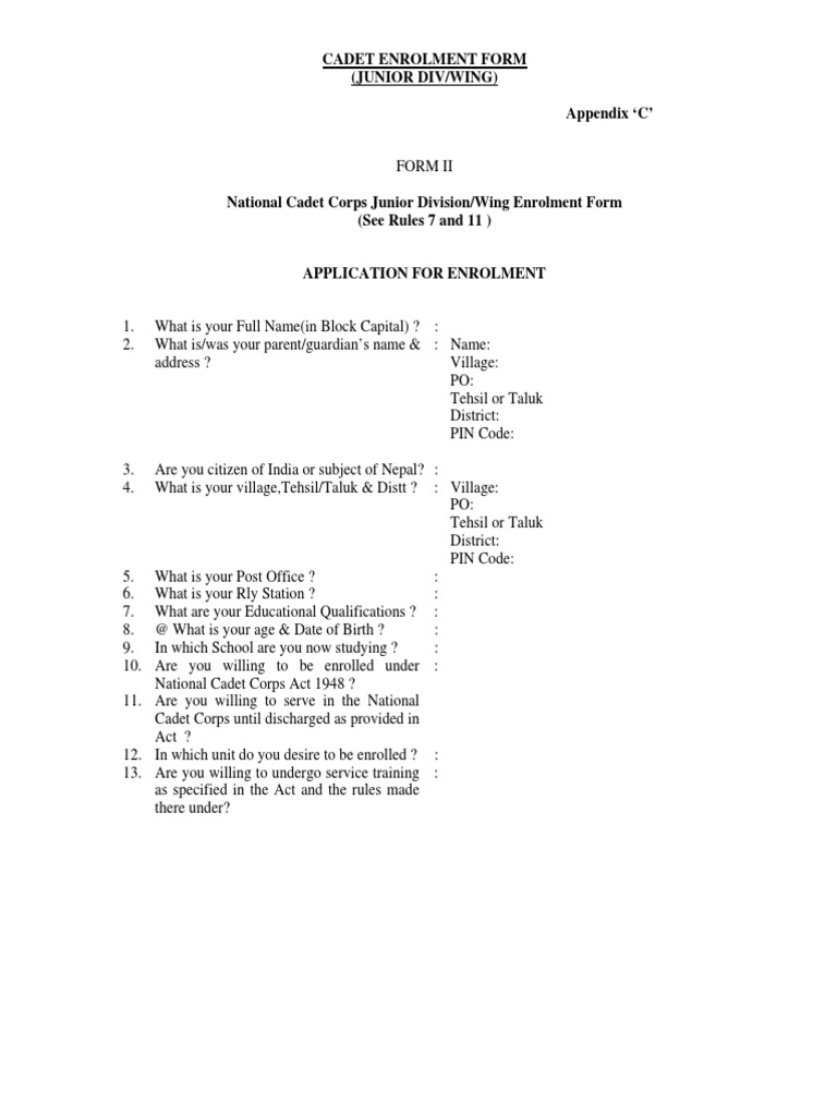 NCC Junior Cadet Enrolment Form | PDF | Cadet | Indemnity