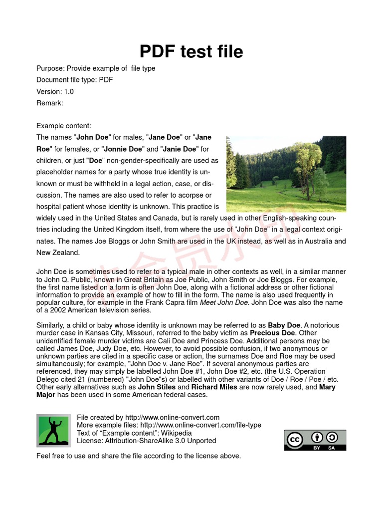 PDF Test File Roe" For Females, or "Jonnie Doe" and "Janie Doe" For